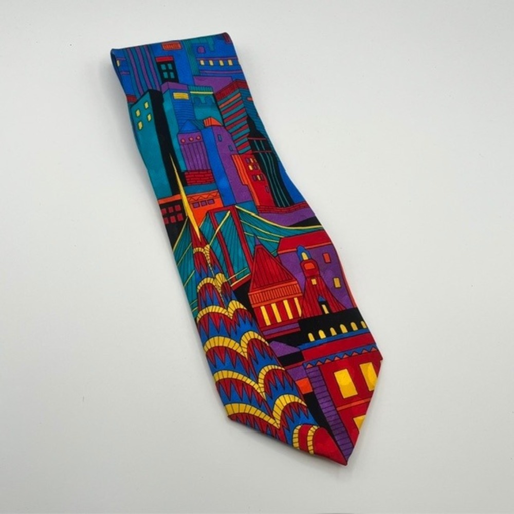 Rosetti Mens Silk Tie Multicolored Cityscape Geometric Skyline Handmade Korea